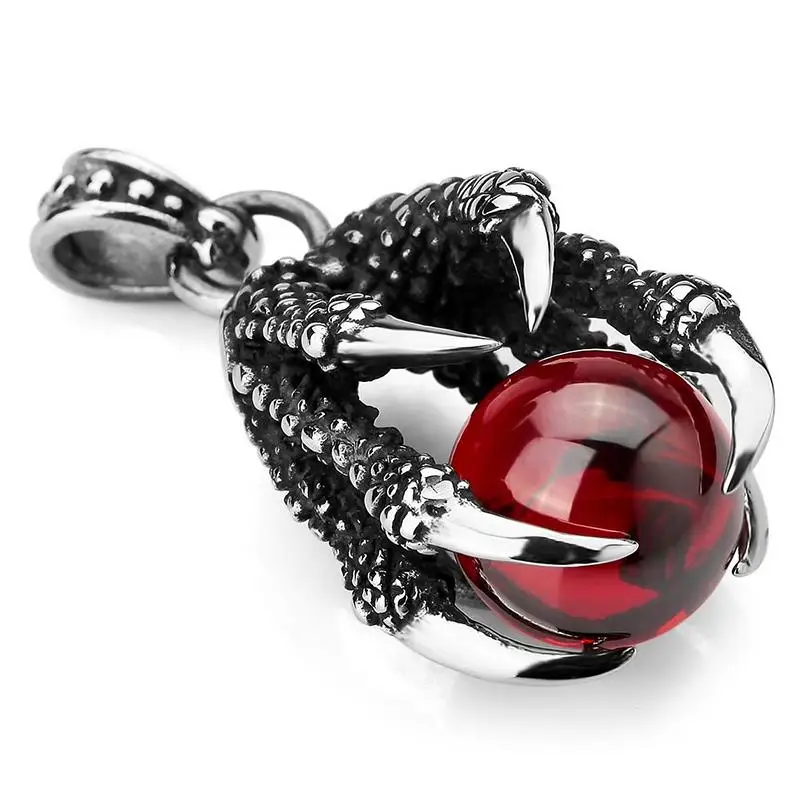 

Stainless Steel Pendant Necklace CZ Red Dragon Claws Bead Gothic Men ,23 inch Chain