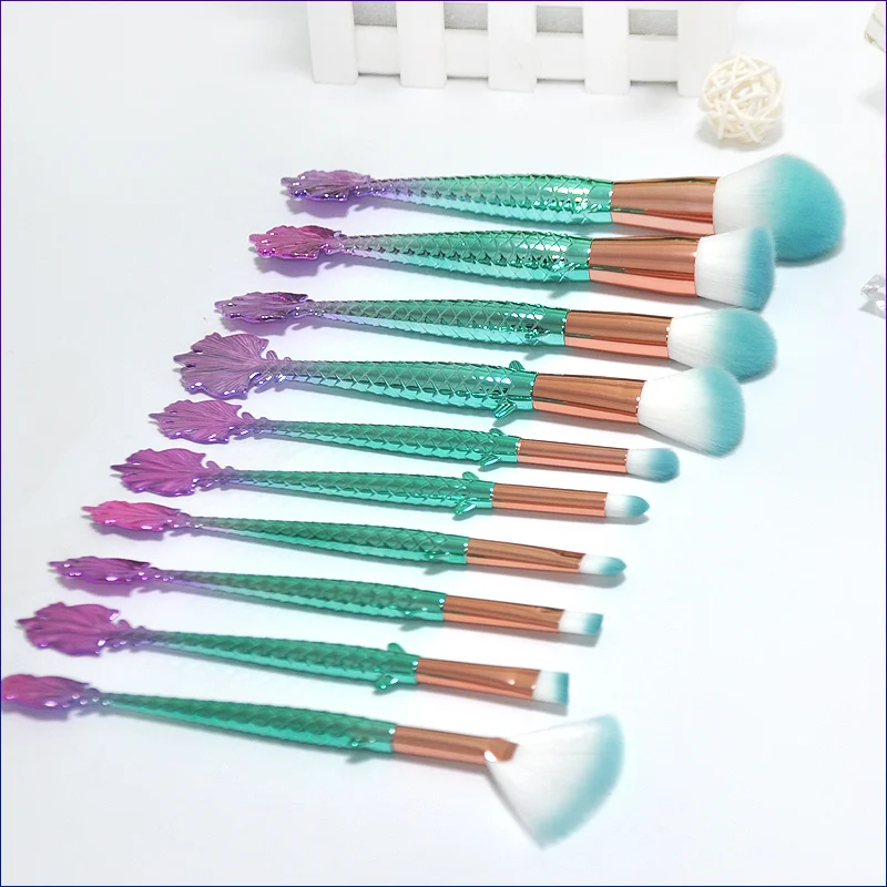 

New 10Pcs Highlighter Brush Professional Mermaid Makeup Brush Set Fish Scale Foundation Powder Brushs Cosmetic Beauty Tool