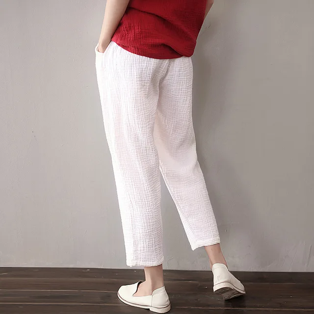 Spring and Summer White Chino Cotton Linen Trousers Women Elastic Waist Loose Ankle-length Casual Palazzo Pants X32 1