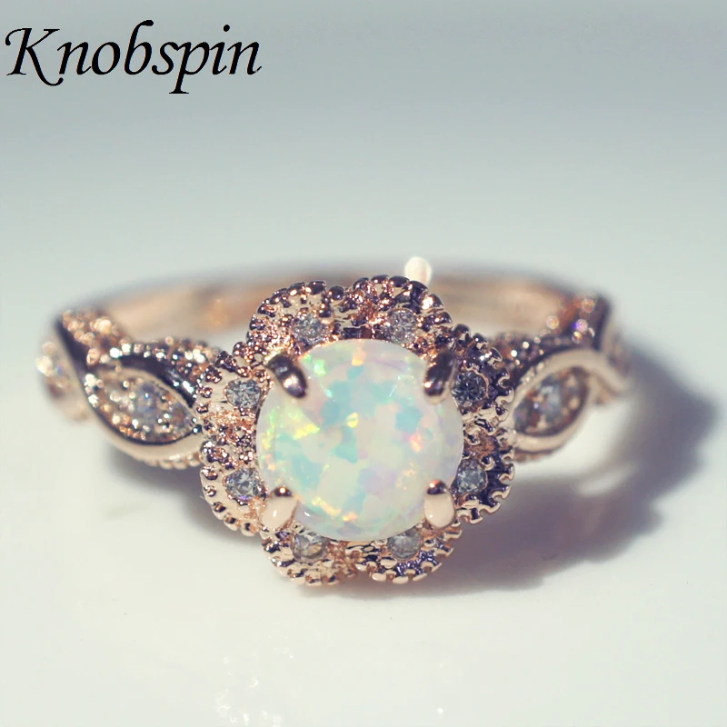 Rose Gold Color Flower Shape Women Finger Rings White Fire Opal CZ Fashion Party Jewelry Women Opal Rings Size 5-12 bague femme