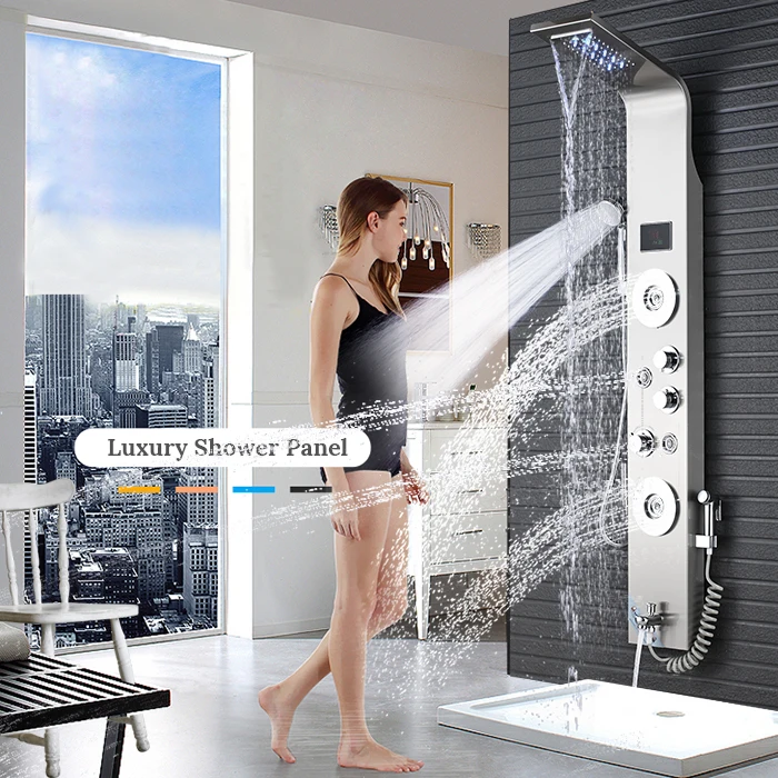 

Newly Luxury Brushed Nickle Bathroom Shower Faucet LED Shower Panel Column Bathtub Mixer Tap With Hand Shower Temperature Screen