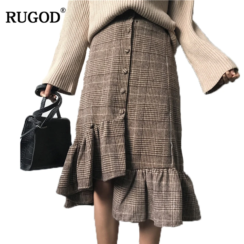 

RUGOD Fashion High Waist Womens Skirts Irregular Trumpet Midi Plaid Skirt Vintage Knee-length Button Saia Feminina