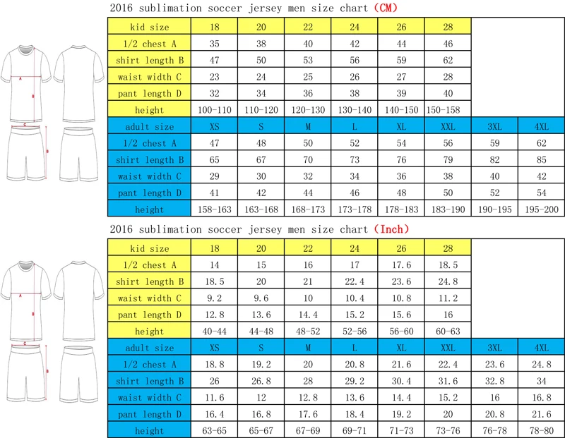 2016Sublimation soccer jersey men size chart