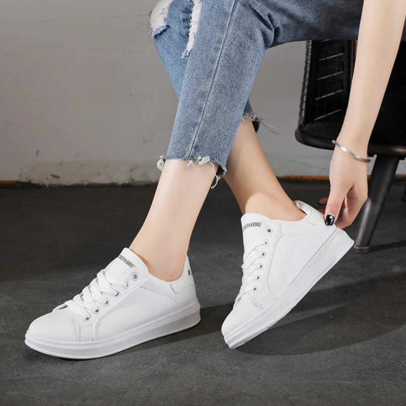 

2018 New Autumn Women Vulcanized Shoes Female Lace-up White Shoes PU Leather Solid Color Women Casual Shoes Female Sneakers