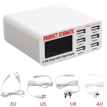 

New EU/US/UK Plug 6A 6 USB Port Fast Charger HUB Wall Charging Adapter LCD Screen