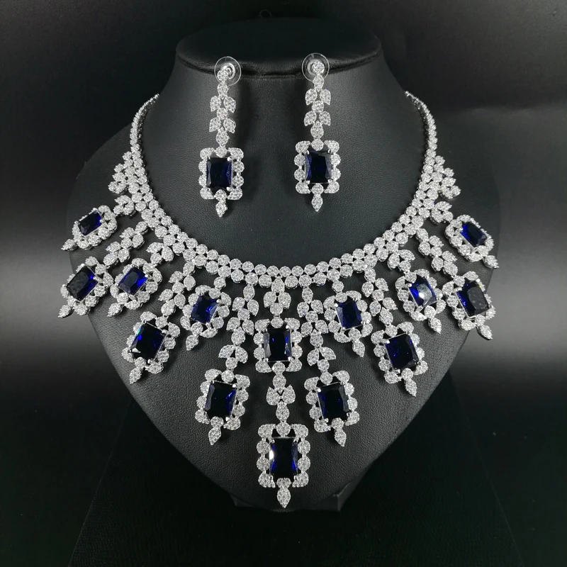 

2019 new fashion vintage luxury blue square CZ zircon golden necklace earring bracelet ring wedding bride dressing jewelry set
