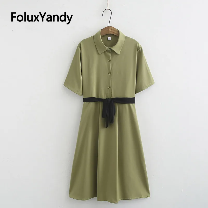 

Army Green Summer Chiffon Dress Women Turn-down Collar A-line Sashes Casual Short Sleeve Dress Midi Vestidos KKFY3846