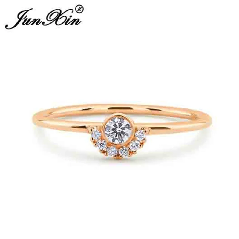 JUNXIN Stackable Crown Eternity Rings For Women 925 Silver Rose Gold Filled Small CZ White Crystal Minimalist Thin Ring Female