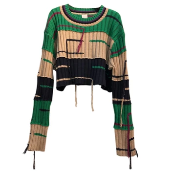 

[EWQ] 2020 Early Autumn New Pattern Office Lady Style Korean Fashion Batwing Sleeve Short Length Striped Pattern Sweater AF477