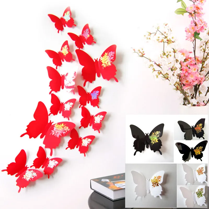 12 قطعة/المجموعة 3D انبهار زهرة فراشة لغرفة المعيشة غرفة نوم جدار ديكور الفراشات البلاستيك الثلاجة ملصقات حزب الديكور D49