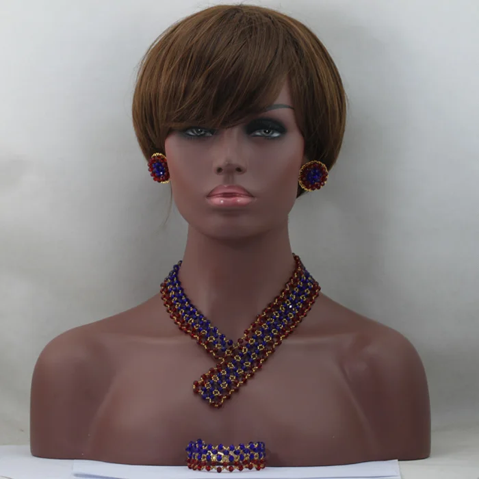 

Red African Wedding Jewelry Set Gold Flower Pendant Necklace Crystal Beads Weaving Bride Jewelry Set Free Shipping HN0602