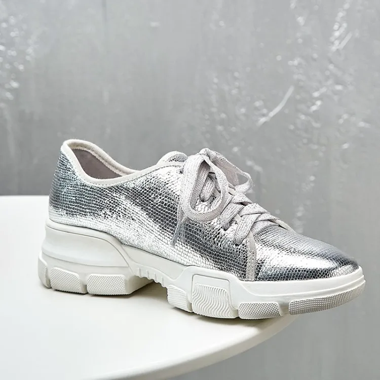 Mujer Femmes Chaussures De gun Plate Cuir Color Véritable Argent Peu forme Profonde Casual Appartements Zapatos Argent Lacent Plat Sneakers T1Jc35uFlK