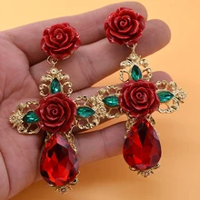 Преувеличенные винтажные богемные хрустальные висячие серьги в стиле барокко красные розы Брендовые вечерние модные ювелирные изделия женские серьги Новинка