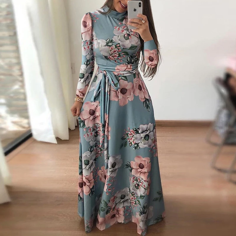

Women Maxi Dress Long Sleeve Floral Print Casual Dress Elegant Bandage Long Party Dress Tunic Ladies Dresses Vestidos Mujer 3XL
