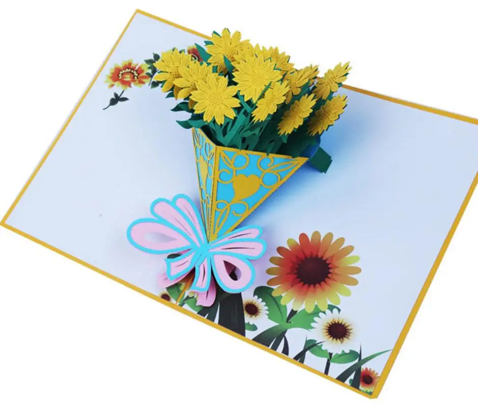  10pcs Sunflower Bouquet Handmade Kirigami Origami 3D Pop UP Greeting Cards Invitation card For Wedd - 32863845050