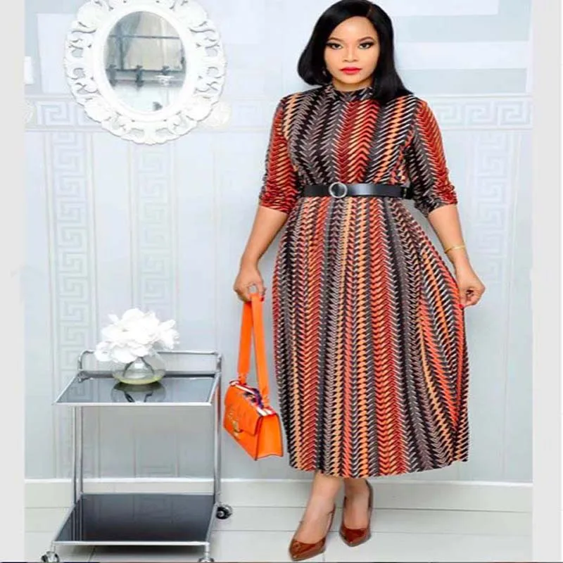 

African Clothes 2019 Elegant Printed Long Maxi Dress Women Stand Collar Half Sleeve Robe Bodycon Dress Belt Boho Beach Party