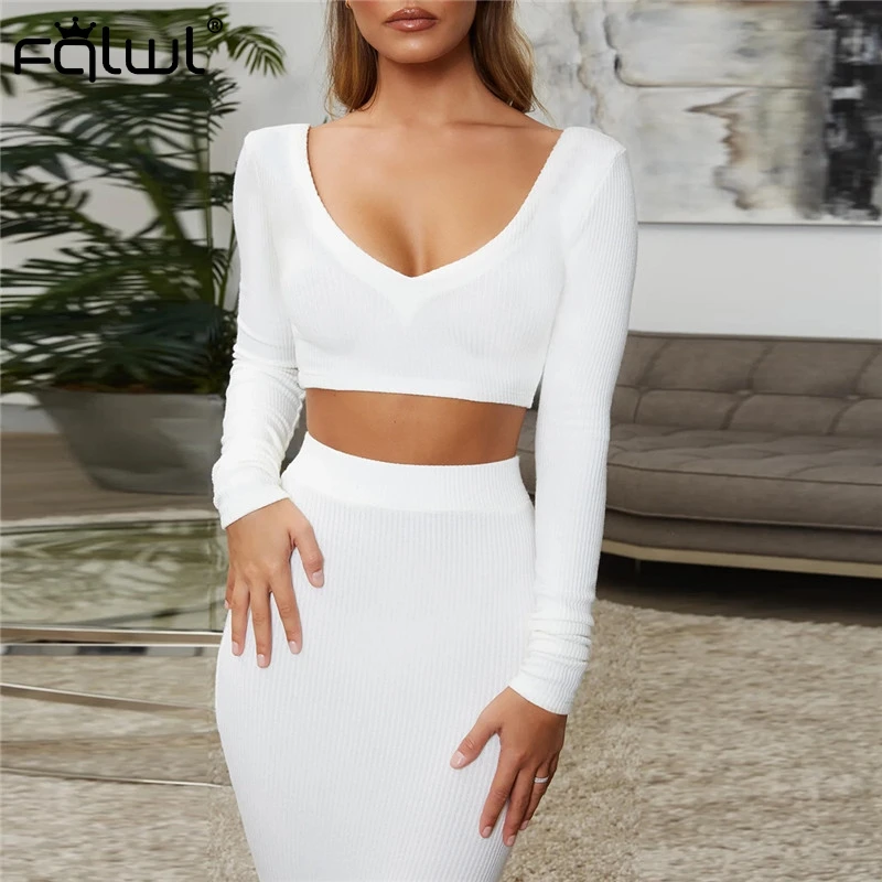 

FQLWL Deep V Neck Knitted Summer Dress Women Long Sleeve Backless Two Piece Bodycon Long Dress Ladies Sexy Club Maxi Dresses