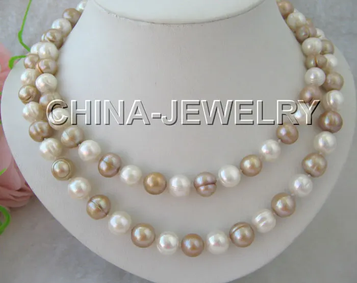 

shipping 32" 10mm round champagne and white freshwater pearl necklace-925 silver