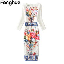 Fenghua зима-осень платье 2017, женская обувь Повседневное пикантные офисные партия Bodycon платье цветочный Винтажные наряды плюс Размеры 3XL 4XL Vestidos