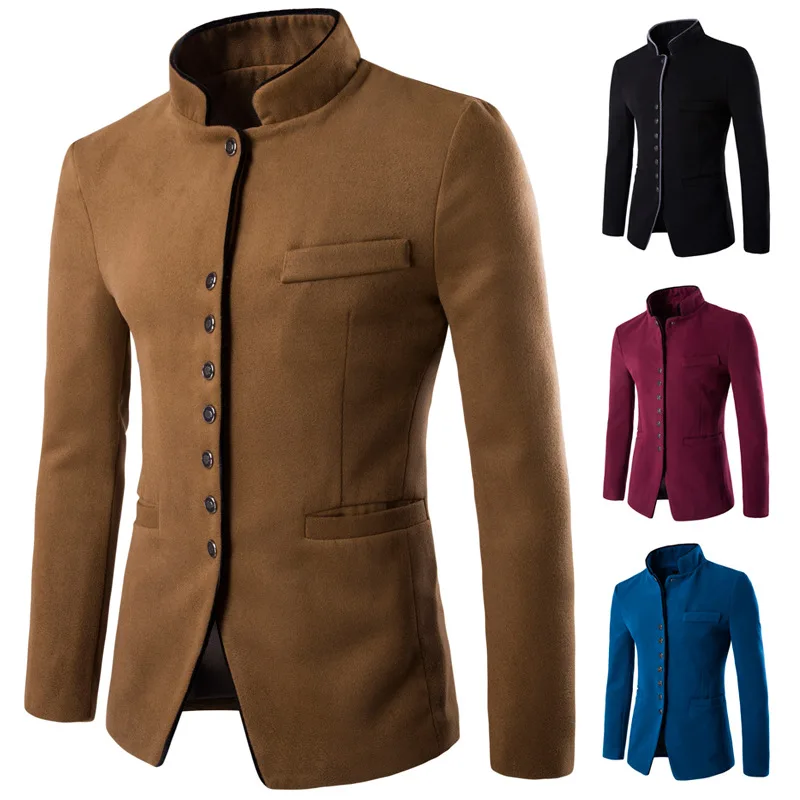 Осенне-зимнее мужское шерстяное пальто, Длинная шерстяная куртка с воротником, утепленная мужская длинная куртка на бретелях, мужской пиджак, мужской деловой пиджак