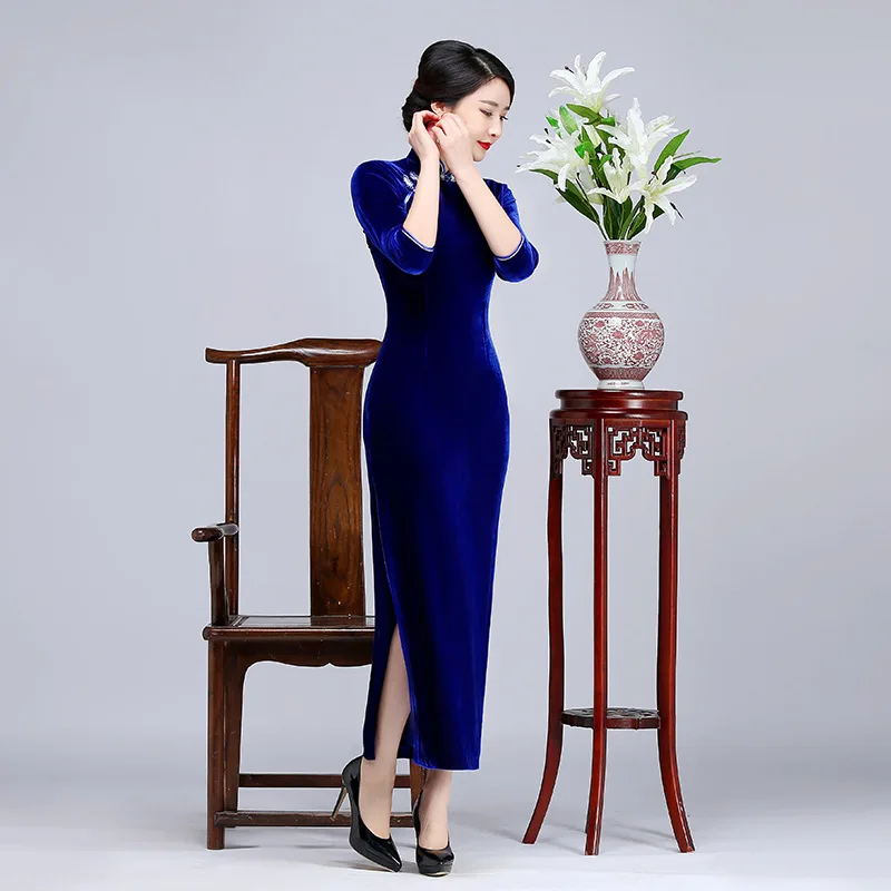 Зимнее теплое платье для мамы с воротником-стойкой, женское вельветовое длинное однотонное платье Ципао в винтажном китайском стиле размера плюс, Cheongsam S-3XL 4XL