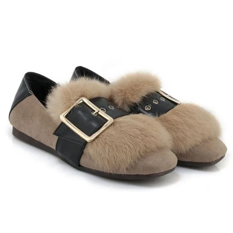 Balletto On Scarpe Quadrata Fibbia Di Nuovi Barca Molli cachi 2018 Coniglio Donne Guida Nero Mocassini Walking cioccolato Cosmagic Pelliccia Casuali Da Autunno Slip Il Punta Appartamenti 8wtfC