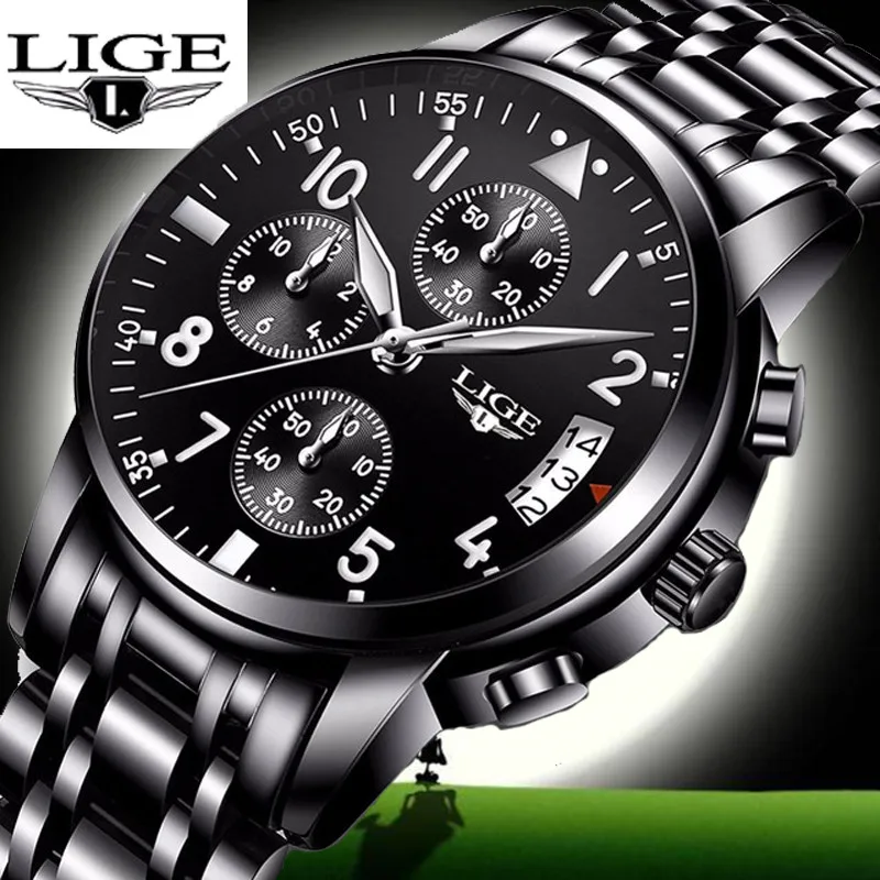 

LIGE Brand Quartz Waterproof Luxury Sport reloj hombre Top Business Stainless Steel Strap Chronograph Calendar relogio masculino