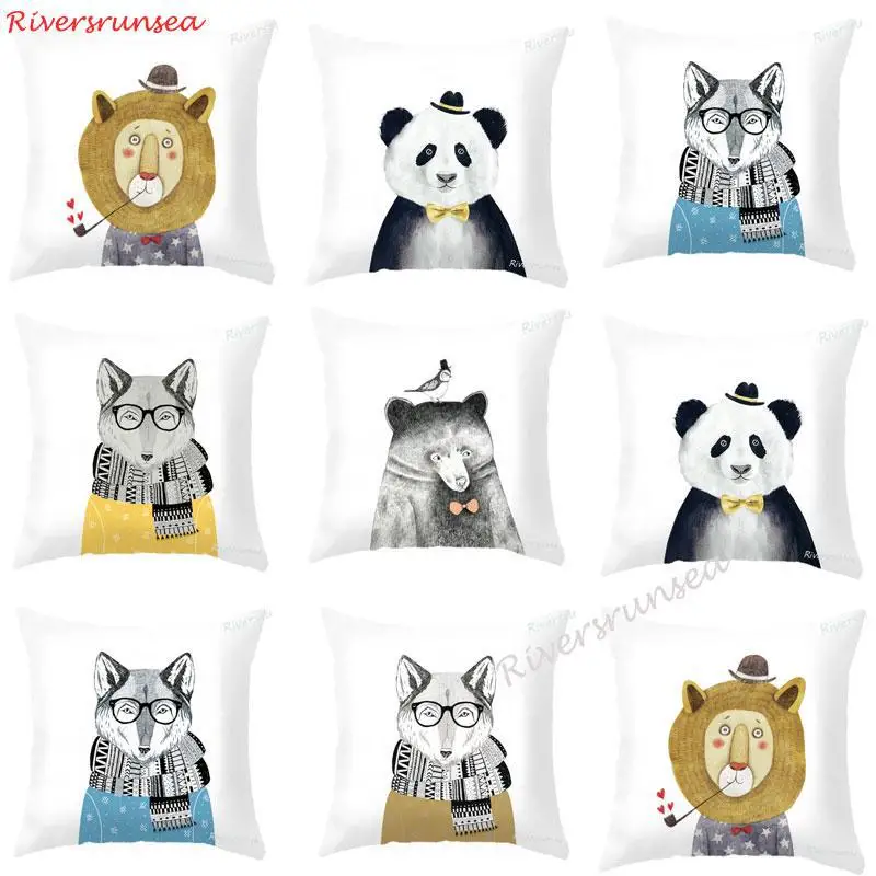 

Nordic Style Hand Patinted Animal Cushion Cute Adorable Panda Fox Lion Bear Soft Plush Pillow For Home Kids Bedroom Decoration