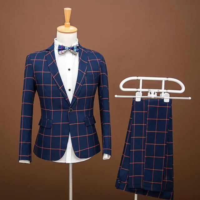 

jacket+ pants Plaid suit set the groom married male slim spring formal dress male suit piece set prom party blazer trousers