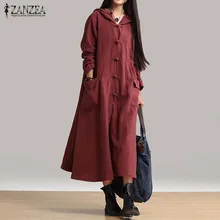 2017 Spring ZANZEA Women Casual Loose Mid-calf Dress Ladies Vintage V Neck Hooded Long Sleeve Solid Dresses Vestidos Oversized