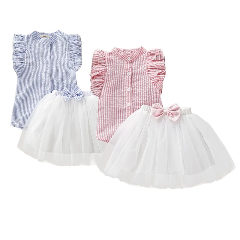 

Above Knee 1-6T Cotton O-Neck Summer Casual Fashion Girl Sleeveless Striped Blouse And Mesh Dress Kit Kid Two-piece Outfit Set