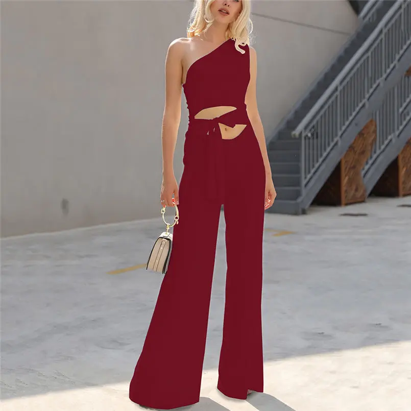 New Summer Women Fit Slim Solid High Waist Lace Up Sexy Off Shoulder Flare Jumpsuits Fashion Holiday Elegant  Jumpsuit #4R07  (11)