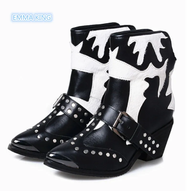 

Genuine Leather Ankle Boots Women Rivets Buckle Designer High Heel Shoes Pointed Toe Wedge Cowboy Boots Fashion Short Booties