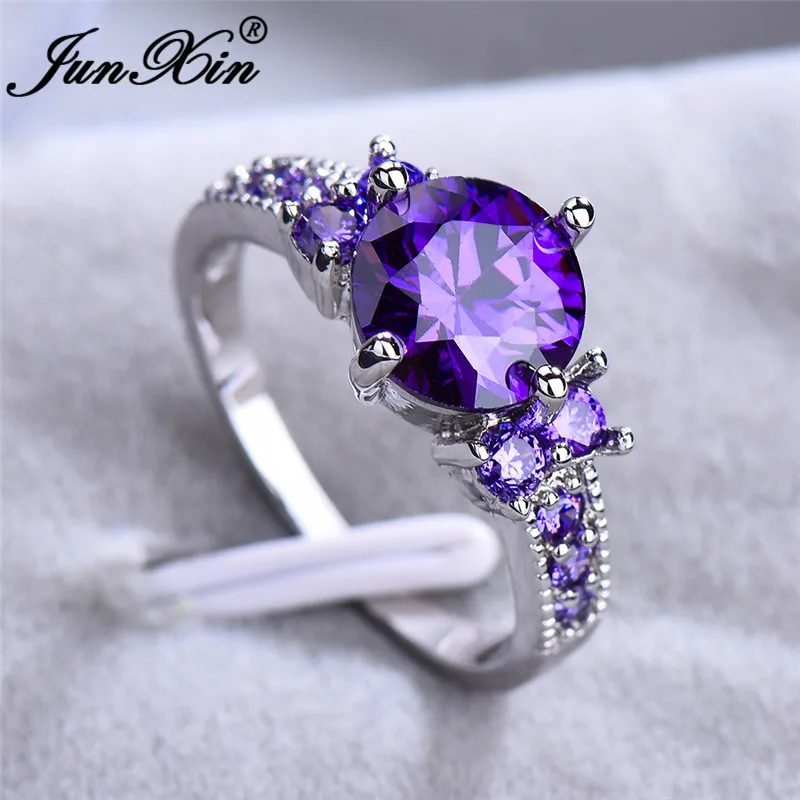 JUNXIN, многоцветные кольца с камнем радуги, огненным камнем для женщин, 925 пробы, заполненные серебром, фиолетовый, синий, циркон, тонкое свадебное кольцо - Цвет основного камня: Purple Ring