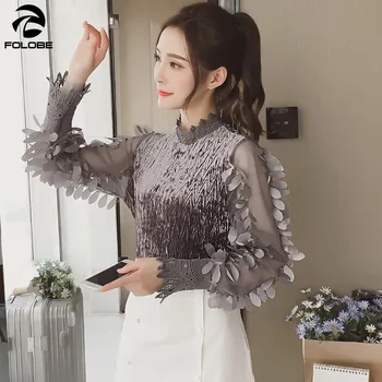 

FOLOBE Spring Autumn Women Velvet Mesh Blouses Shirts Leafs Sleeve Solid Elegant Woman Casual Stylish Shirt Jumper Tops