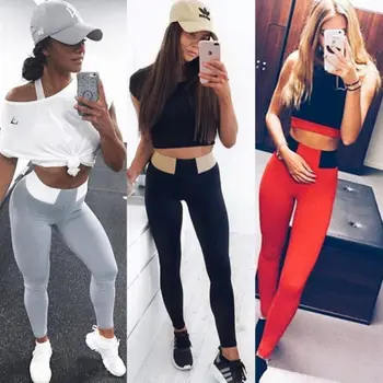 

hirigin 2017 New Fashion Color Leggings Patchwork Ankle Length High Waist Bodycon Casual Women Gray Red Black