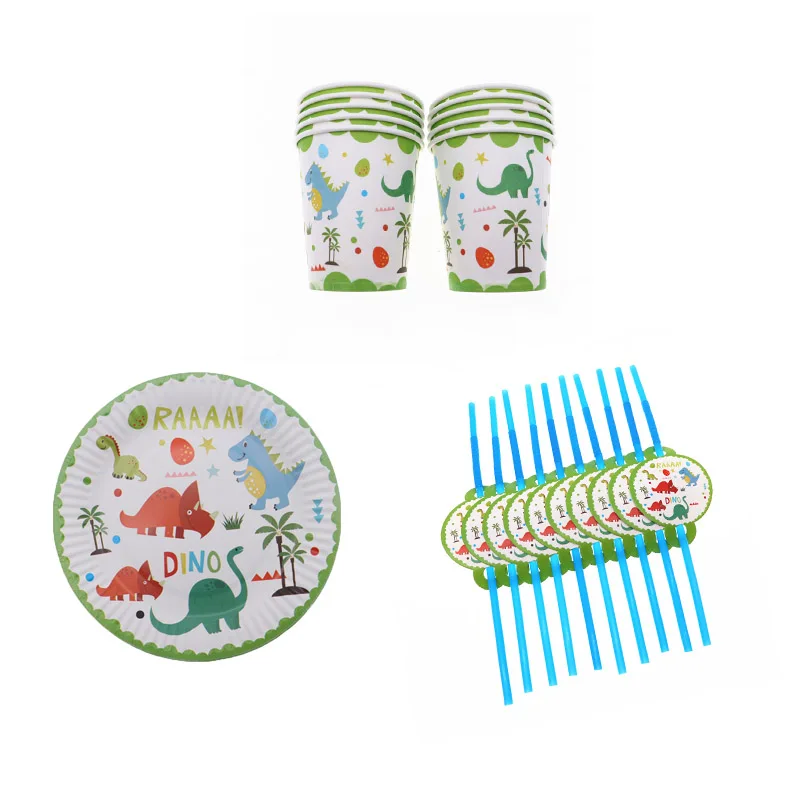 

30Pcs Cartoon Dinosaur Birthday Party Decorations Kid Baby Shower Disposable Tableware Set Straw Cup Plate Party Supplies Green