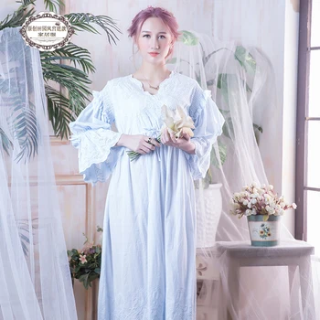 

Free Shipping 2017 New Princess Women's Long Nightgown Pink White Blue Sleepwear Vintage Lace Nightdress 100% Cotton Pijamas