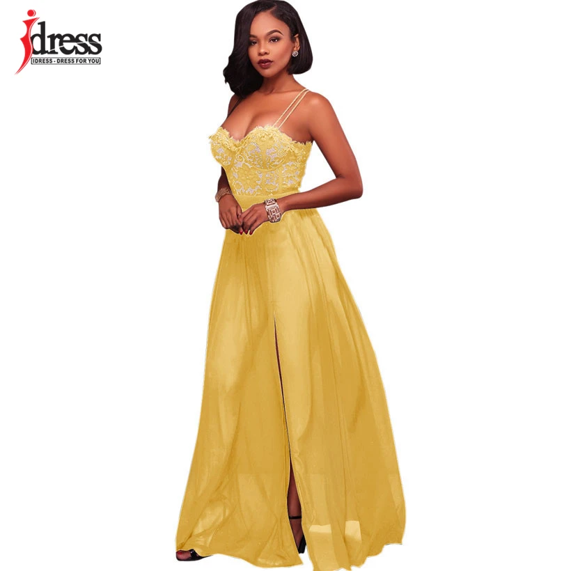IDress 2017 Spaghetti Strap Black Lace Dress Women Party Elegant Floral Lace Chiffon Dress Floor Length Split Women Long Dress (7)