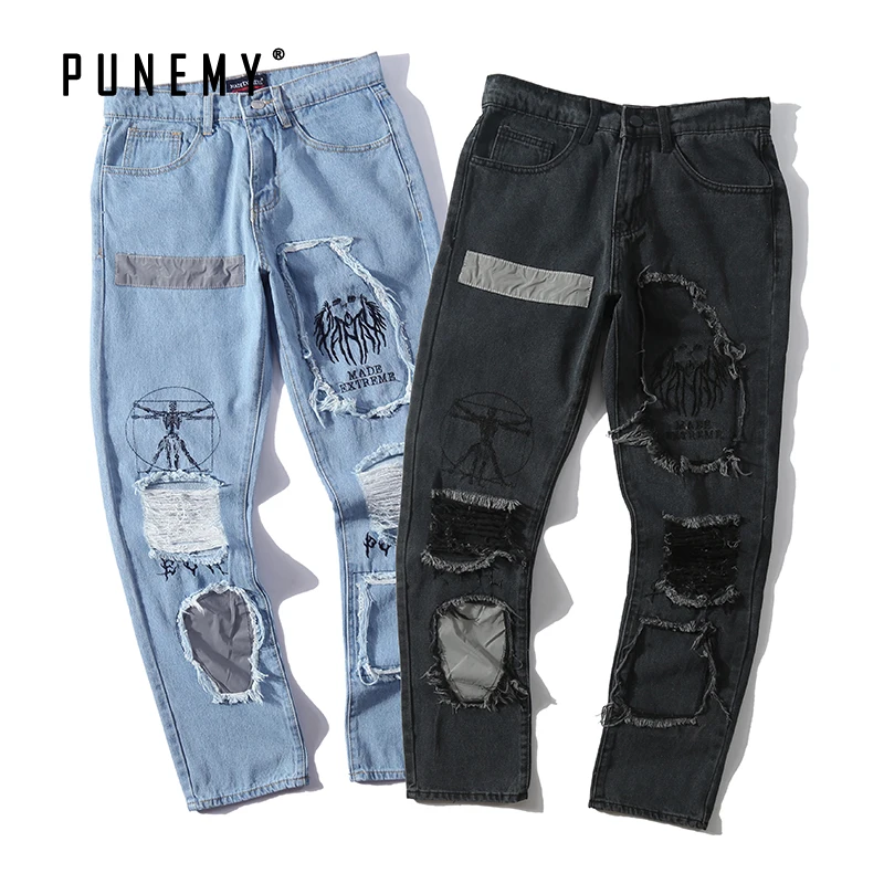

Men Denim Jeans Rock Vintage Style Patchwork Embroidery Ripped Frayed Hip Hop Streetwear Harajuku Punk New Man's Jeans Denim