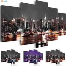 Cidade de nova iorque pintura em tela paisagem impressão 5 painel arte da lona noite vista cartaz modular fotos de parede para sala estar