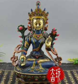 

8.8" Chinese Collect Buddhism Brass Cloisonne Green Bodhisattva Statue