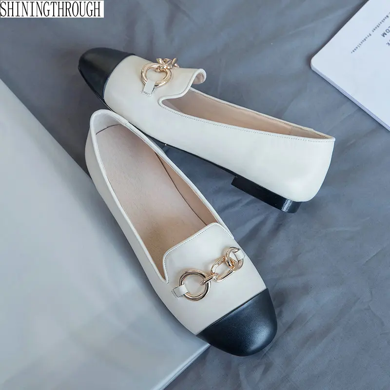 

Fashion flat shoes women spring autumn new square toe sexy vintage casual shoes slip on genuine leather female shoes