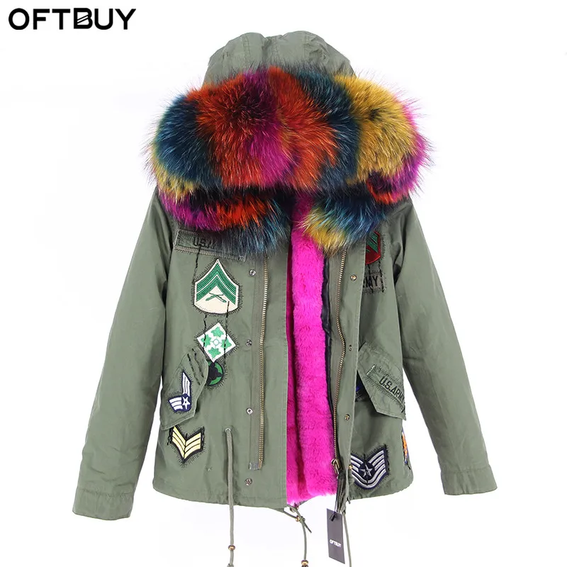 Женская утепленная куртка с украшениями OFTBUY, зеленая(цвета хаки) утепленная куртка-парка с капюшоном, отороченным натуральным мехом, с нашитыми украшениями, зима - Цвет: 8