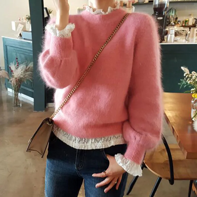 HAMALIEL Korean Autumn Winter Mink Cashmere Women Sweater Casual Pink Lantern Sleeve Knitted Soft Warm Pullovers Fashion Jumpers HAMALIEL Korean Autumn Winter Mink Cashmere Women Sweater Casual Pink Lantern Sleeve Knitted Soft Warm Pullovers Fashion Jumpers