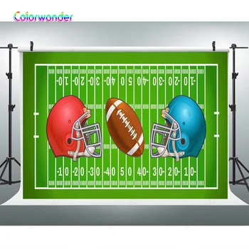 

Photography Backgrounds Rugby Equipment Red with Blue Helmets and Brown Ball 7x5ft Green Filed Backdrops for Photo Booth Studio