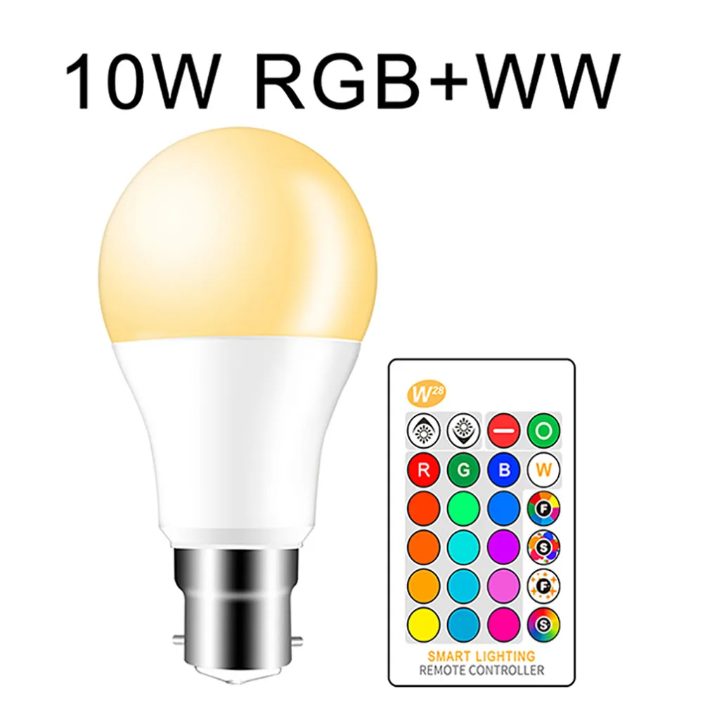 5 Вт, 10 Вт, 15 Вт, светодиодный RGB светильник, лампа 220 В, 110 В, B22, волшебная сменная лампа, 16 цветов, умная лампа+ ИК-контроль, украшение дома, RGB+ белый - Испускаемый цвет: B22 10W RGB WW