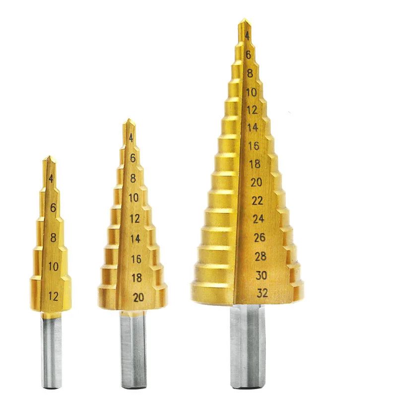 Step Drill Bit Set 3pcs HSS Titanium Step Drill Bit Set High Speed Steel 4mm to 12mm/20mm/32mm Metal Drill Bit Cut Tool Set 3pcs 3 12mm 4 12mm 4 20mm hss straight groove step drill bits set titanium coated wood metal hole cutter core drill bit set