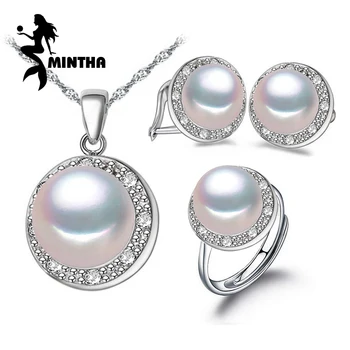 

MINTHA Pearl Jewelry wedding engagement jewelry sets Natural Pearl pendant Necklace women party earrings female silver ring