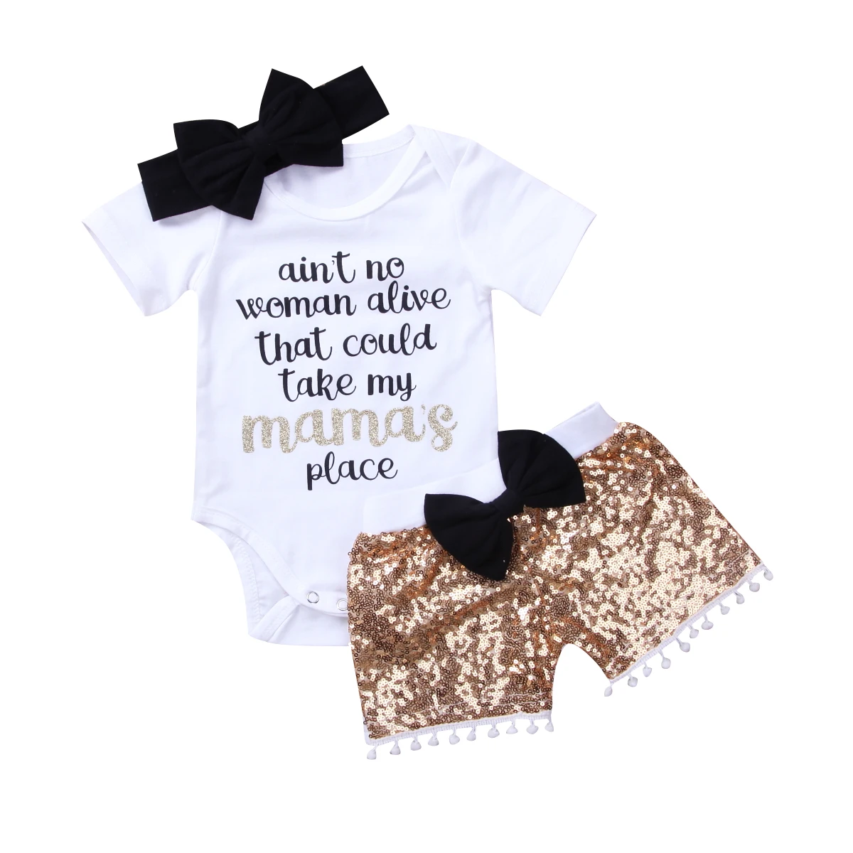 

3pcs Newborn Baby Girls Boy 2018 Romper Short Sleeves Mama Bow Gold Shorts Sequins Summer Outfits Clothes Summer Set